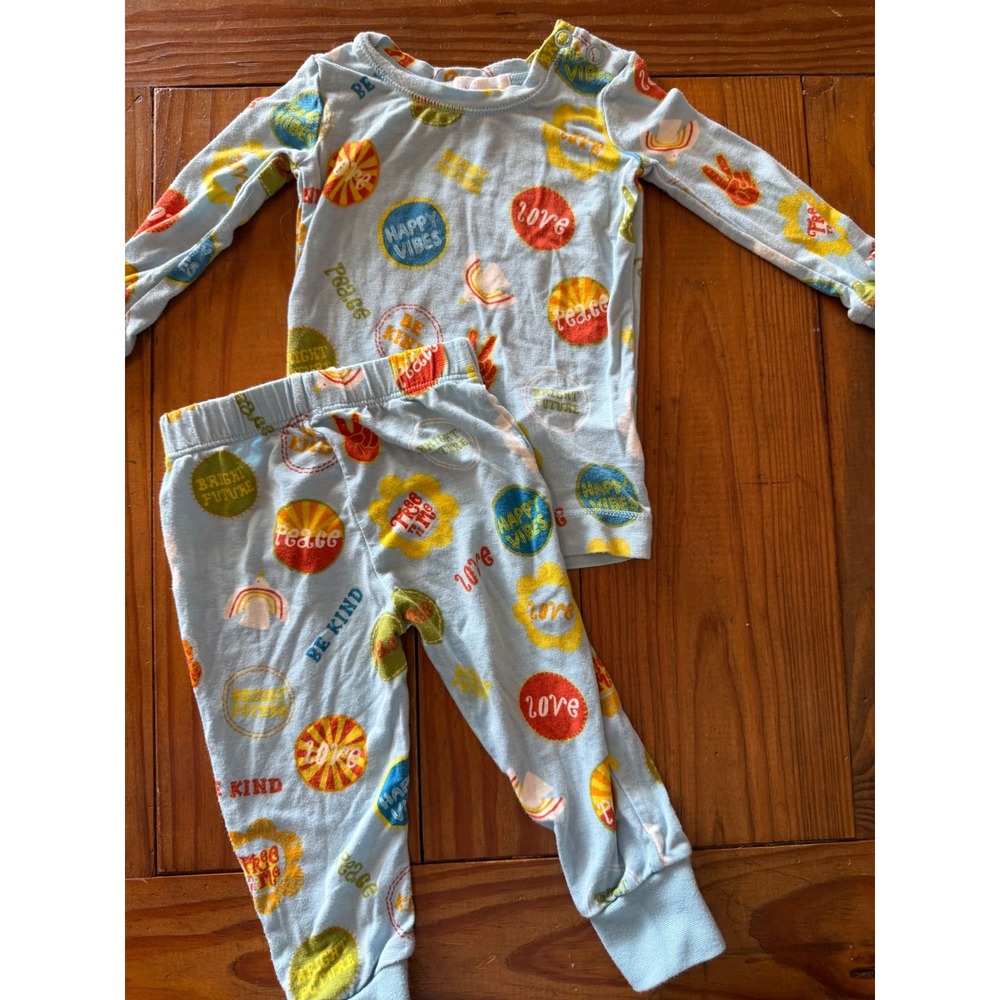 Angel‎ Dear Kids Blue Bamboo Viscose Peace Love Happy Vibes Pajama Set 6-12M